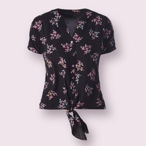 Chicos Womens Rayon Short Sleeve Paisley Fusion Crinkle Tie Front Top Size 1 M